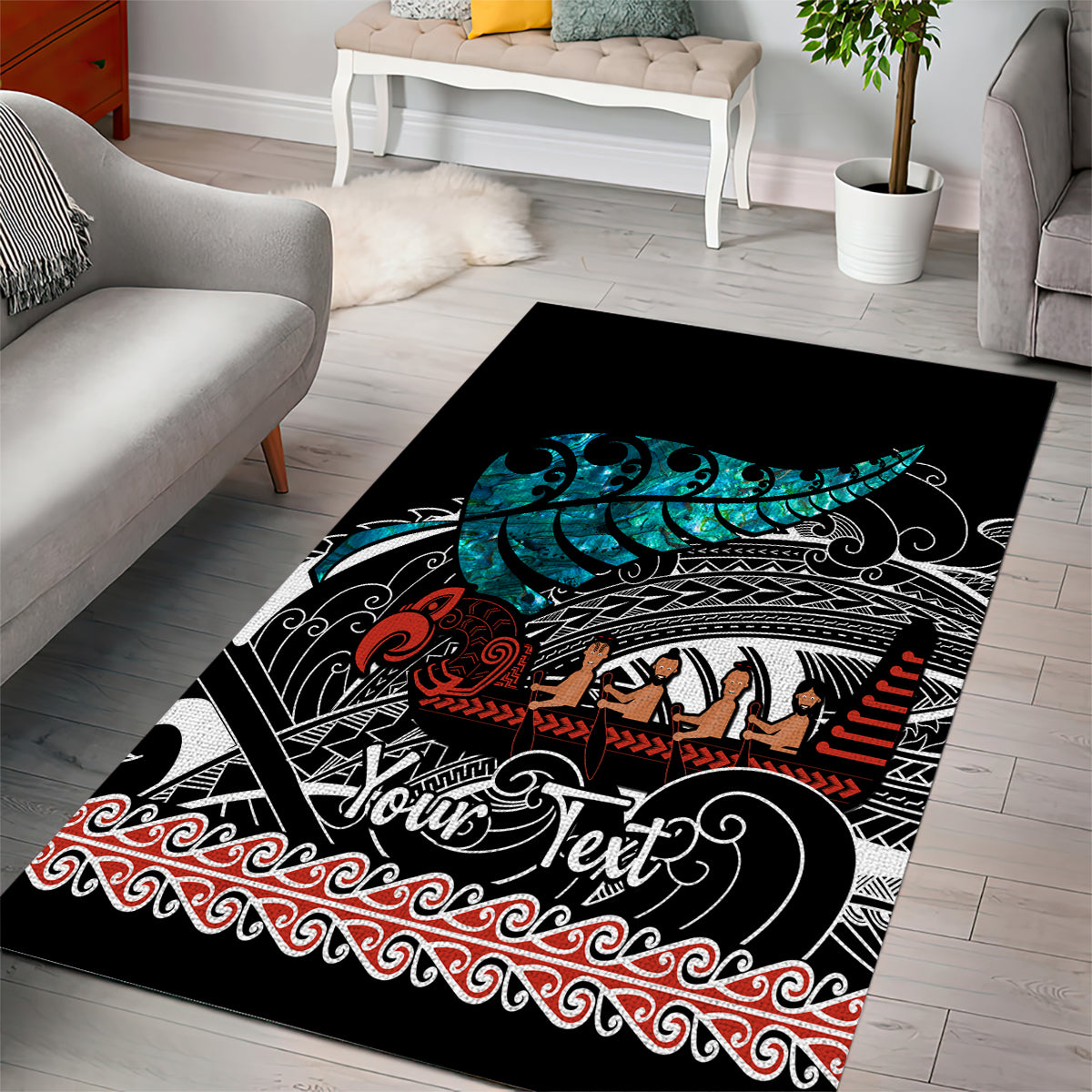 personalised-new-zealand-waka-area-rug-aotearoa-maori-silver-fern-pattern