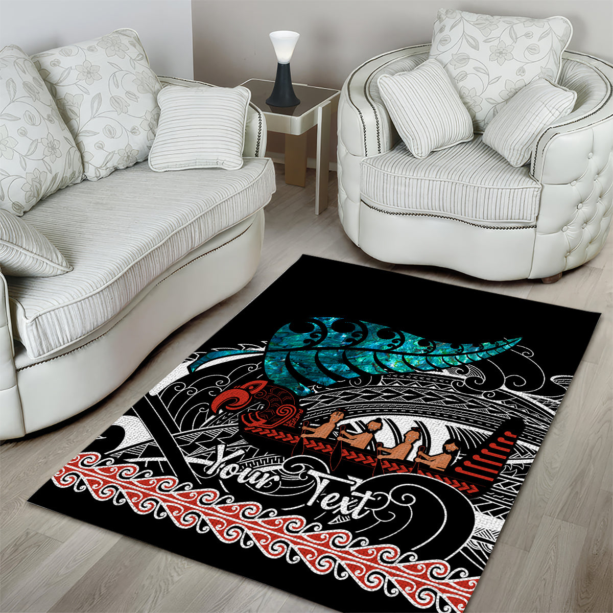 personalised-new-zealand-waka-area-rug-aotearoa-maori-silver-fern-pattern