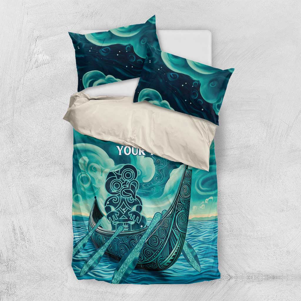 Personalised New Zealand Waitangi Day Bedding Set Hei Tiki With Maori Waka - Whakarare Pattern