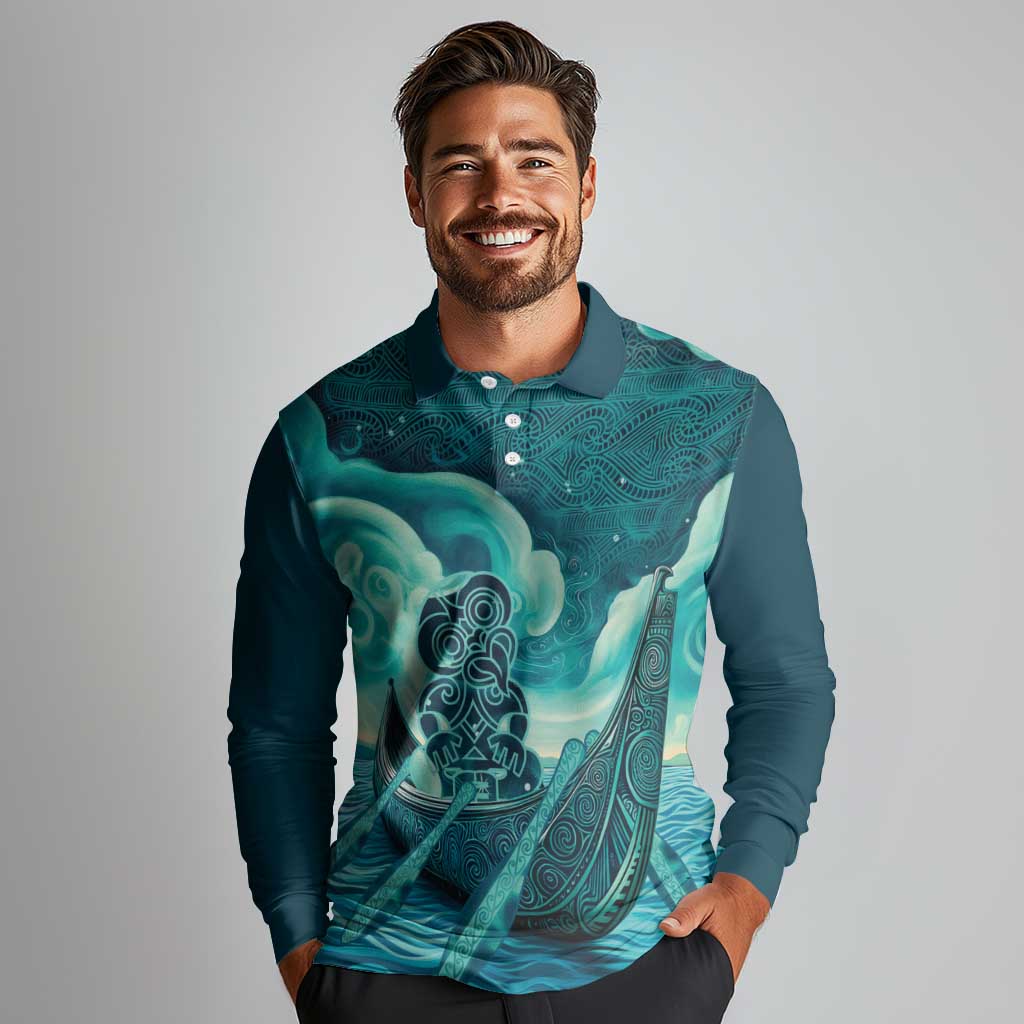 Personalised New Zealand Waitangi Day Long Sleeve Polo Shirt Hei Tiki With Maori Waka - Whakarare Pattern