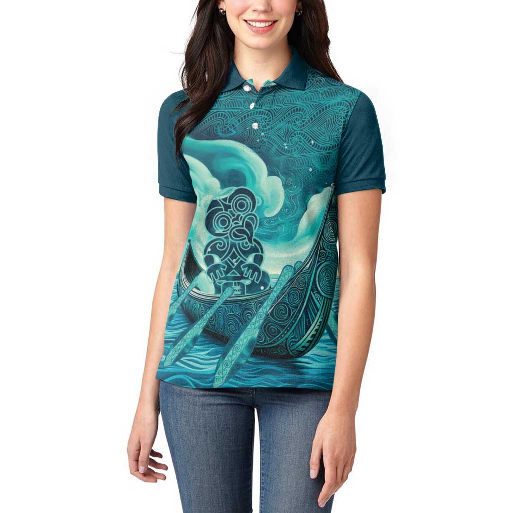 Personalised New Zealand Waitangi Day Women Polo Shirt Hei Tiki With Maori Waka - Whakarare Pattern