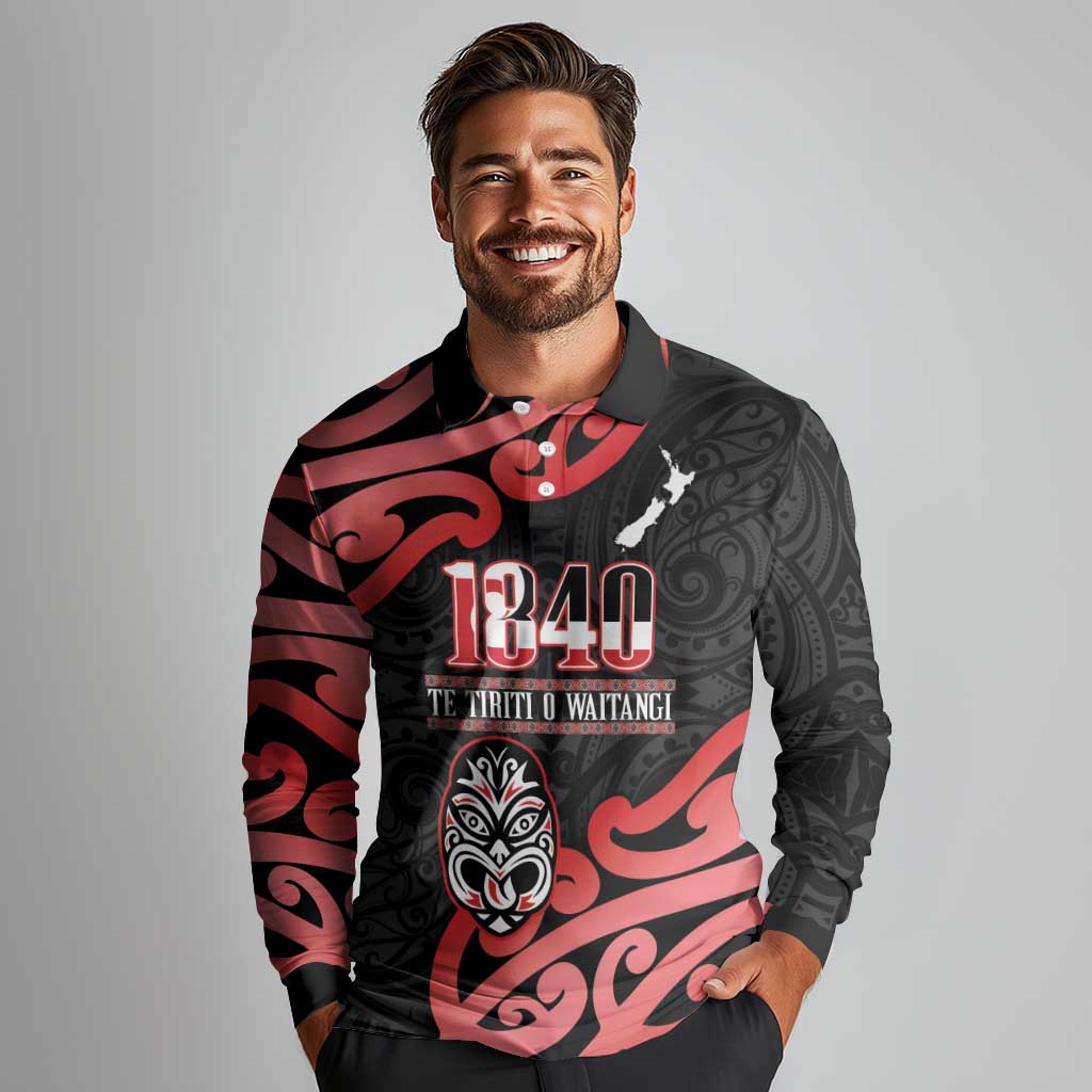 New Zealand 1840 Waitangi Day Long Sleeve Polo Shirt Aotearoa Haka Mask - Red Version