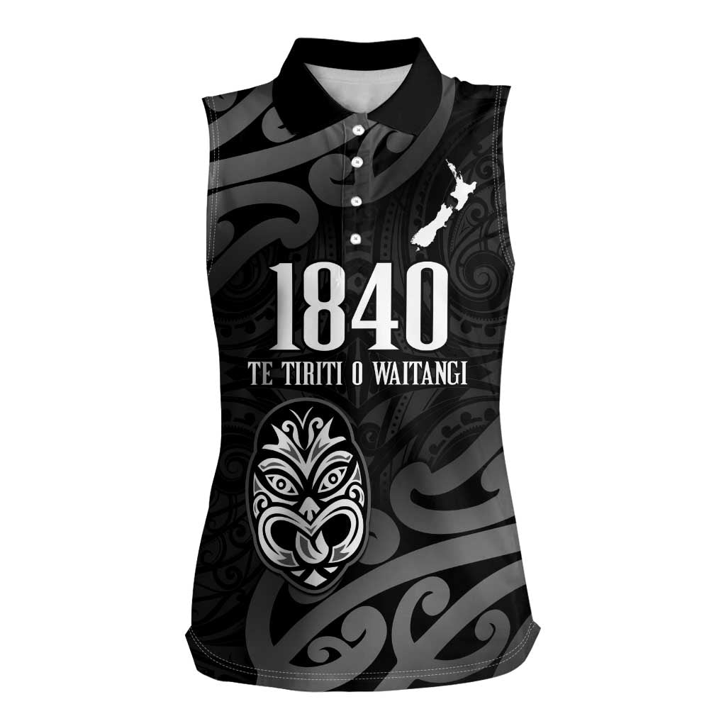 New Zealand 1840 Waitangi Day Women Sleeveless Polo Shirt Aotearoa Haka Mask - Black Version