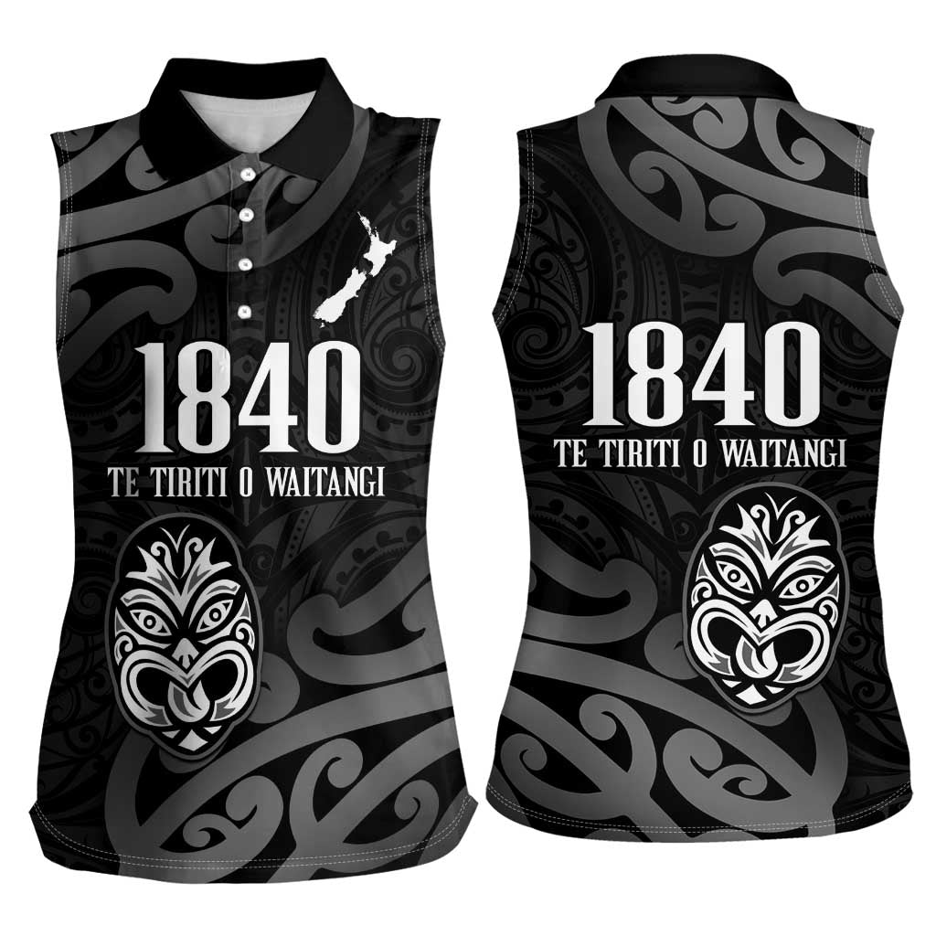 New Zealand 1840 Waitangi Day Women Sleeveless Polo Shirt Aotearoa Haka Mask - Black Version