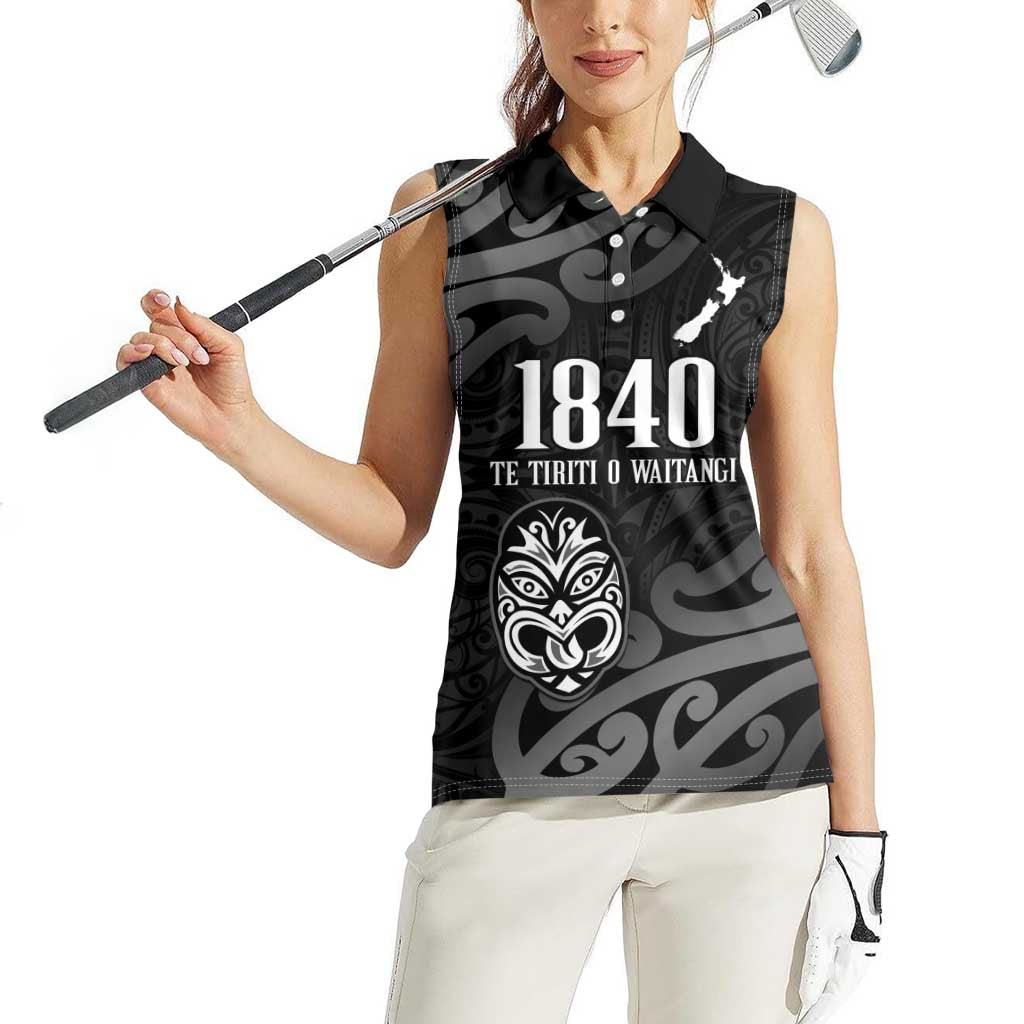 New Zealand 1840 Waitangi Day Women Sleeveless Polo Shirt Aotearoa Haka Mask - Black Version