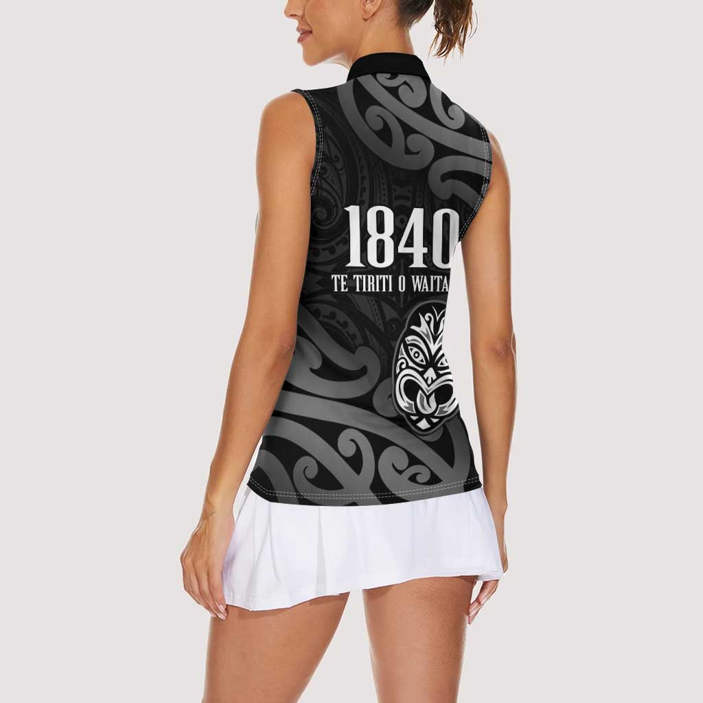 New Zealand 1840 Waitangi Day Women Sleeveless Polo Shirt Aotearoa Haka Mask - Black Version