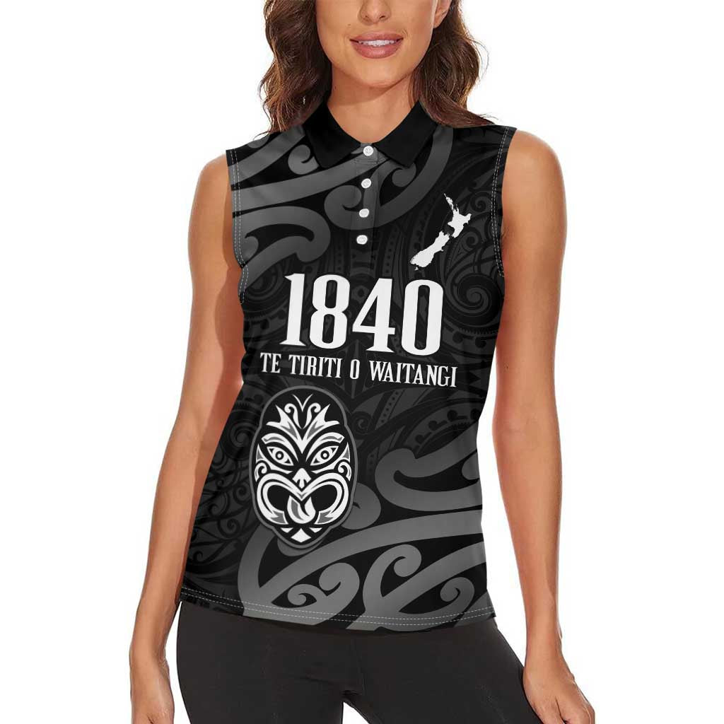 New Zealand 1840 Waitangi Day Women Sleeveless Polo Shirt Aotearoa Haka Mask - Black Version