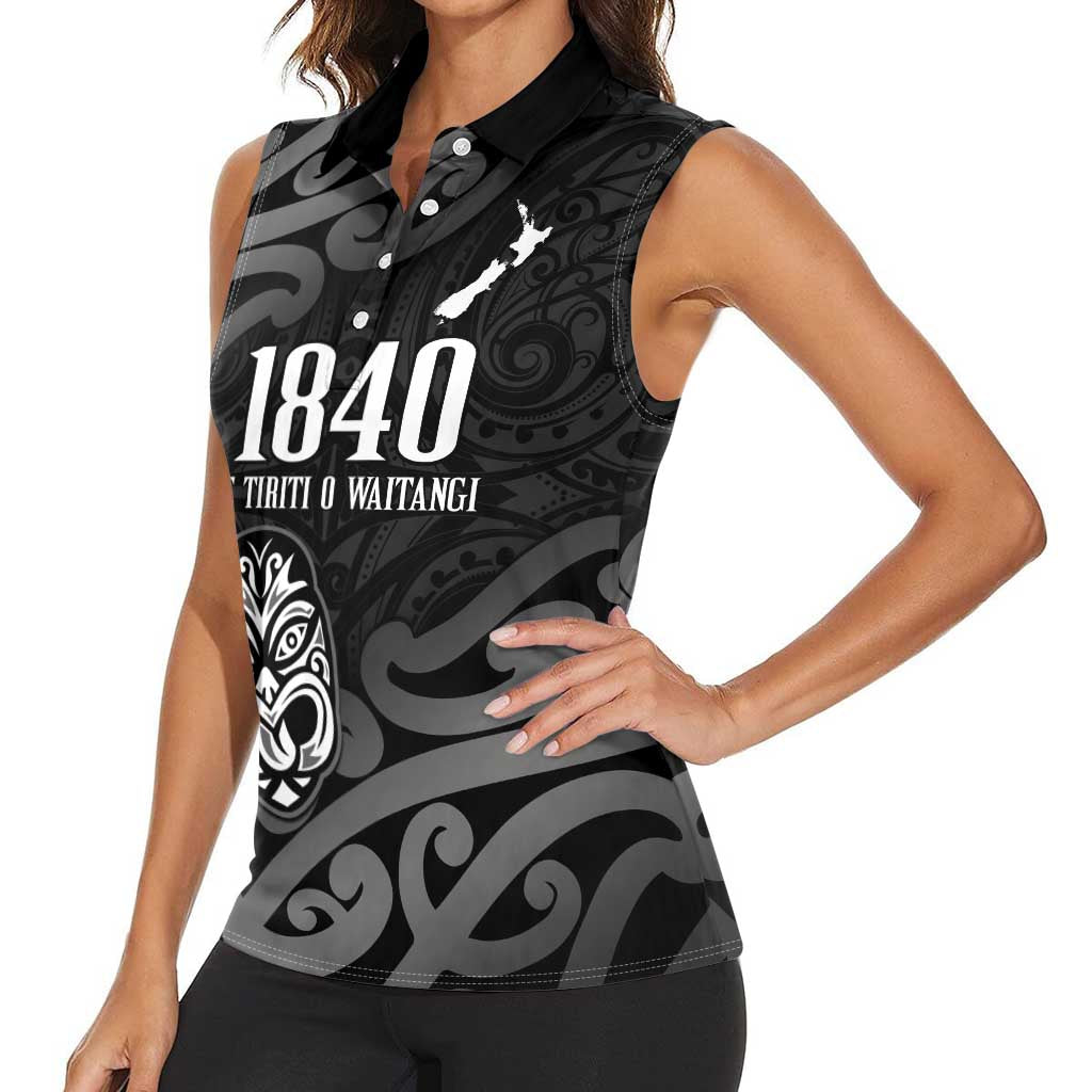 New Zealand 1840 Waitangi Day Women Sleeveless Polo Shirt Aotearoa Haka Mask - Black Version