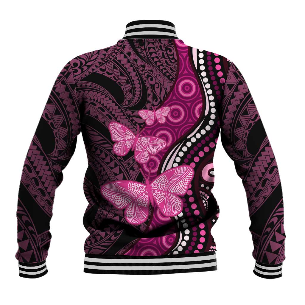 Think Pink Breast Cancer Awareness Baseball Jacket Butterfly Aboriginal Mix Polynesian Pattern