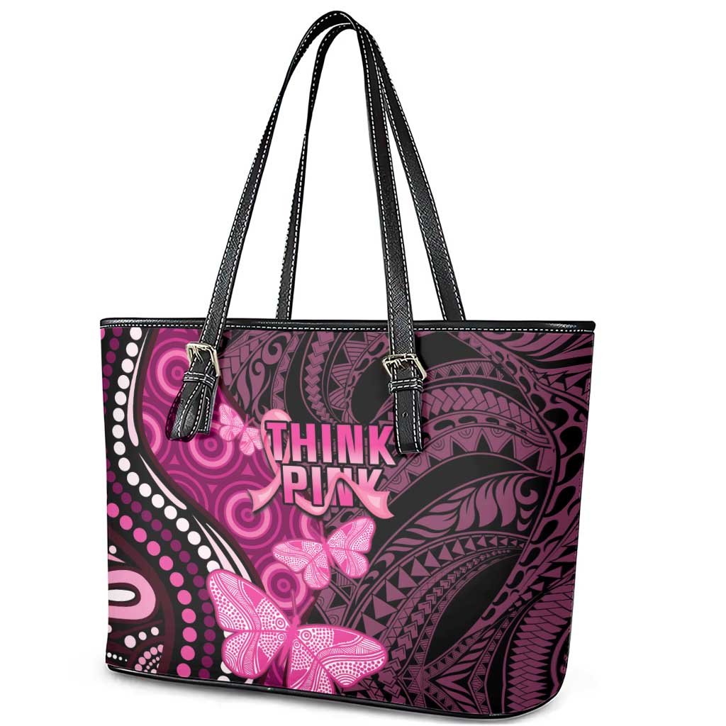 Think Pink Breast Cancer Awareness Leather Tote Bag Butterfly Aboriginal Mix Polynesian Pattern