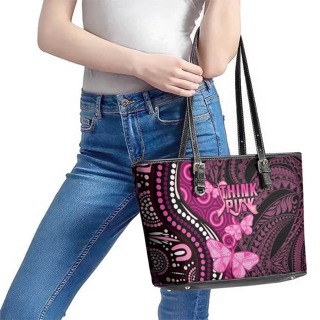 Think Pink Breast Cancer Awareness Leather Tote Bag Butterfly Aboriginal Mix Polynesian Pattern