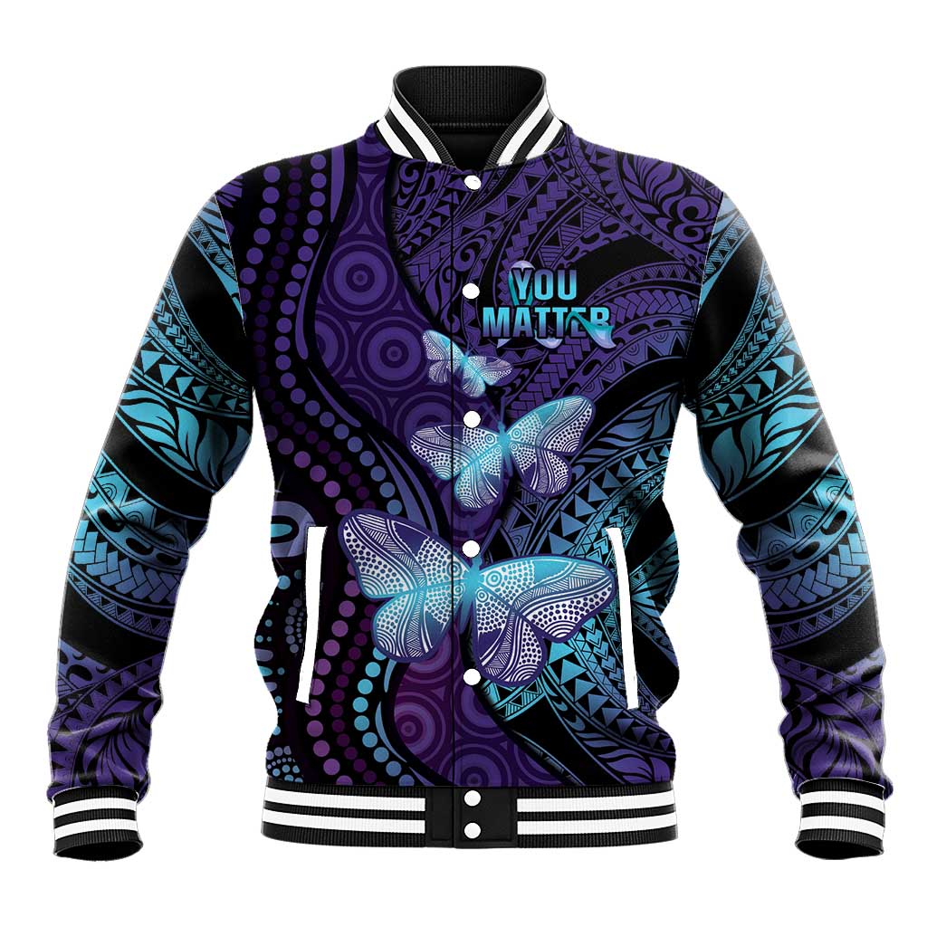 You Matter Suicide Prevention Awareness Baseball Jacket Butterfly Aboriginal Mix Polynesian Pattern