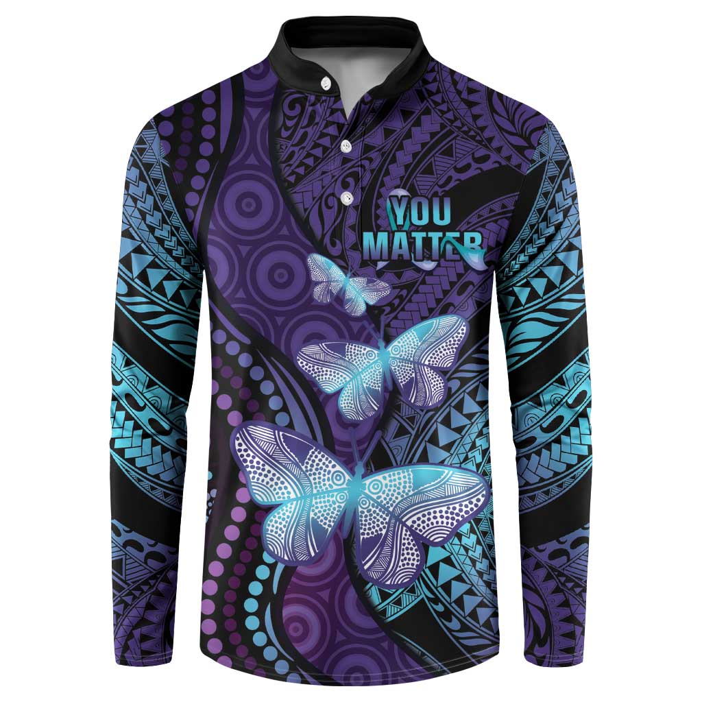 You Matter Suicide Prevention Awareness Button Sweatshirt Butterfly Aboriginal Mix Polynesian Pattern