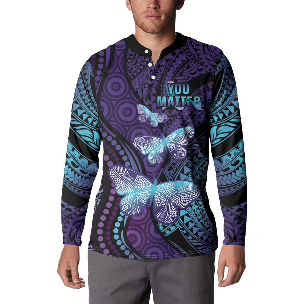 You Matter Suicide Prevention Awareness Button Sweatshirt Butterfly Aboriginal Mix Polynesian Pattern