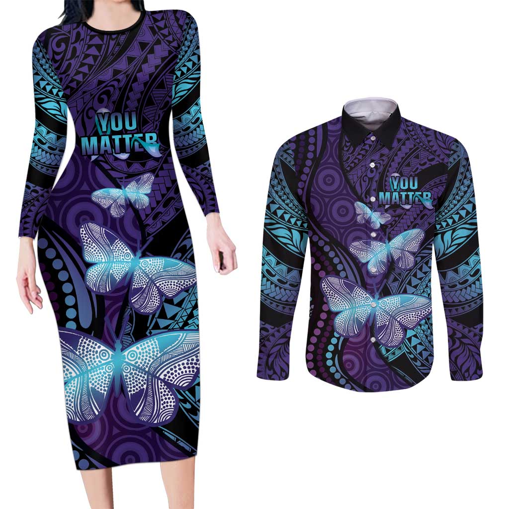 You Matter Suicide Prevention Awareness Couples Matching Long Sleeve Bodycon Dress and Long Sleeve Button Shirt Butterfly Aboriginal Mix Polynesian Pattern