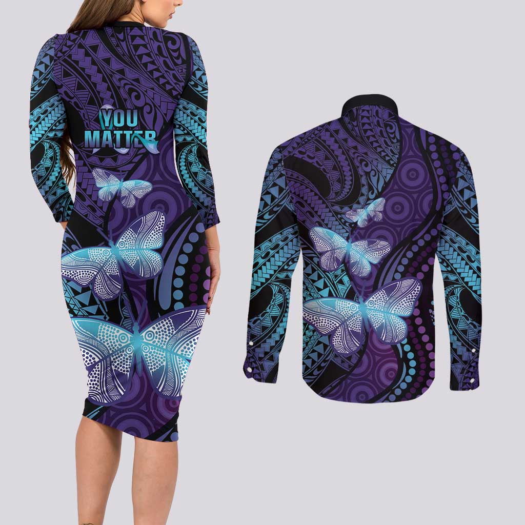 You Matter Suicide Prevention Awareness Couples Matching Long Sleeve Bodycon Dress and Long Sleeve Button Shirt Butterfly Aboriginal Mix Polynesian Pattern