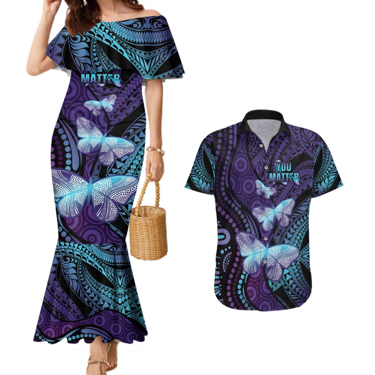 You Matter Suicide Prevention Awareness Couples Matching Mermaid Dress and Hawaiian Shirt Butterfly Aboriginal Mix Polynesian Pattern