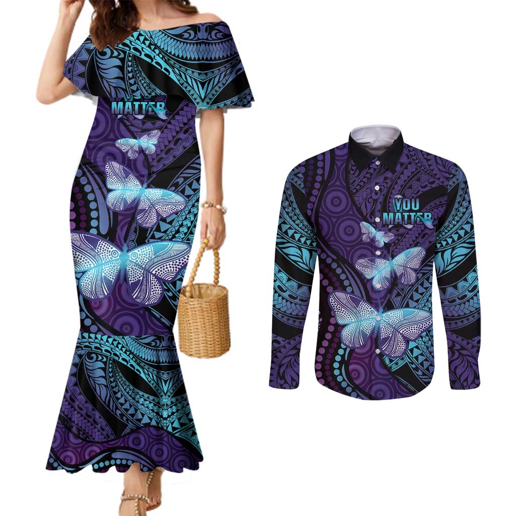 You Matter Suicide Prevention Awareness Couples Matching Mermaid Dress and Long Sleeve Button Shirt Butterfly Aboriginal Mix Polynesian Pattern