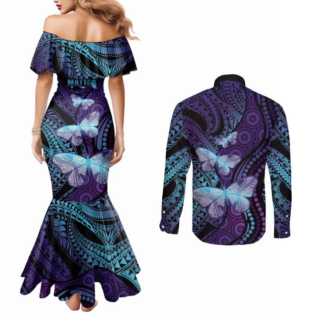 You Matter Suicide Prevention Awareness Couples Matching Mermaid Dress and Long Sleeve Button Shirt Butterfly Aboriginal Mix Polynesian Pattern