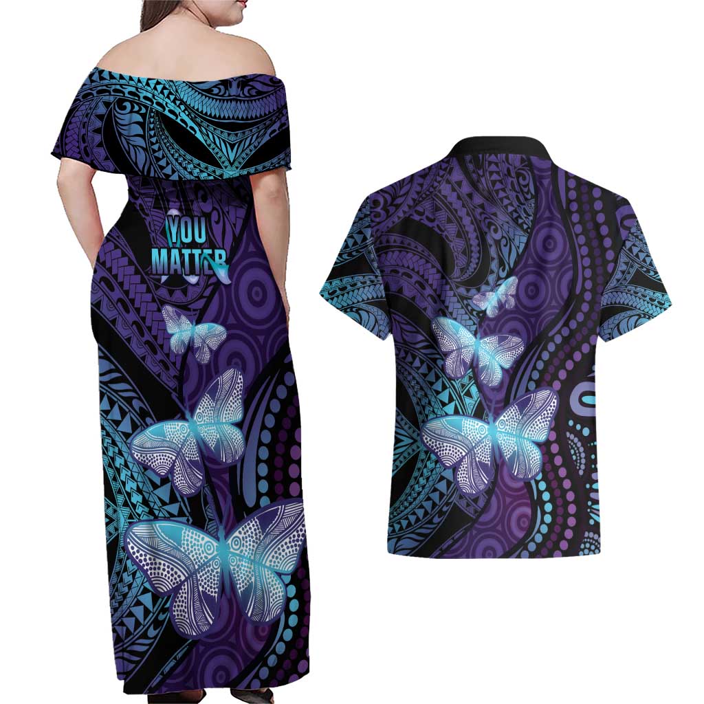 You Matter Suicide Prevention Awareness Couples Matching Off Shoulder Maxi Dress and Hawaiian Shirt Butterfly Aboriginal Mix Polynesian Pattern