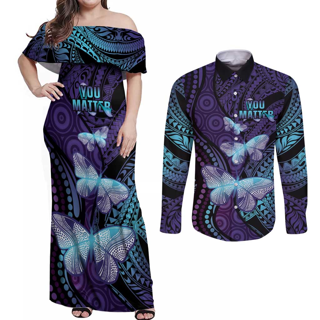 You Matter Suicide Prevention Awareness Couples Matching Off Shoulder Maxi Dress and Long Sleeve Button Shirt Butterfly Aboriginal Mix Polynesian Pattern