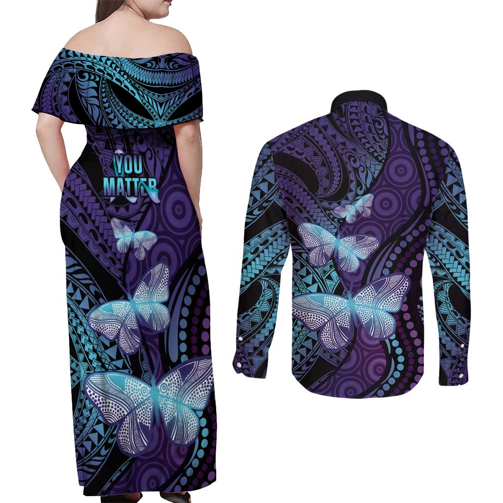 You Matter Suicide Prevention Awareness Couples Matching Off Shoulder Maxi Dress and Long Sleeve Button Shirt Butterfly Aboriginal Mix Polynesian Pattern