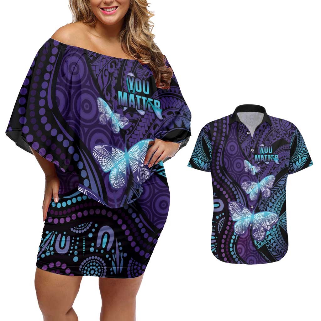 You Matter Suicide Prevention Awareness Couples Matching Off Shoulder Short Dress and Hawaiian Shirt Butterfly Aboriginal Mix Polynesian Pattern LT14