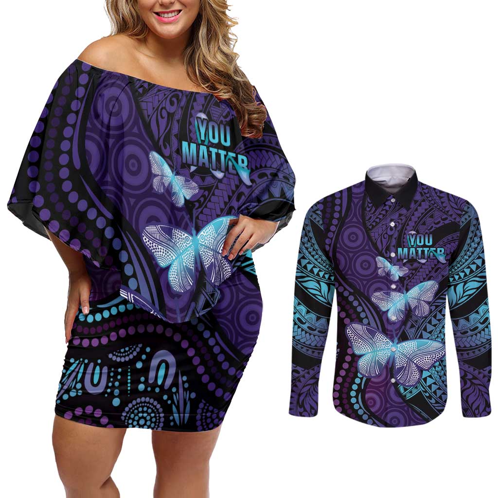 You Matter Suicide Prevention Awareness Couples Matching Off Shoulder Short Dress and Long Sleeve Button Shirt Butterfly Aboriginal Mix Polynesian Pattern LT14