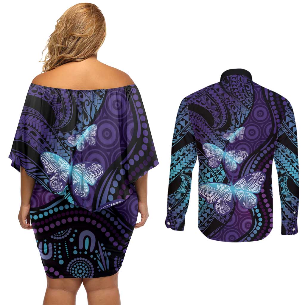 You Matter Suicide Prevention Awareness Couples Matching Off Shoulder Short Dress and Long Sleeve Button Shirt Butterfly Aboriginal Mix Polynesian Pattern LT14