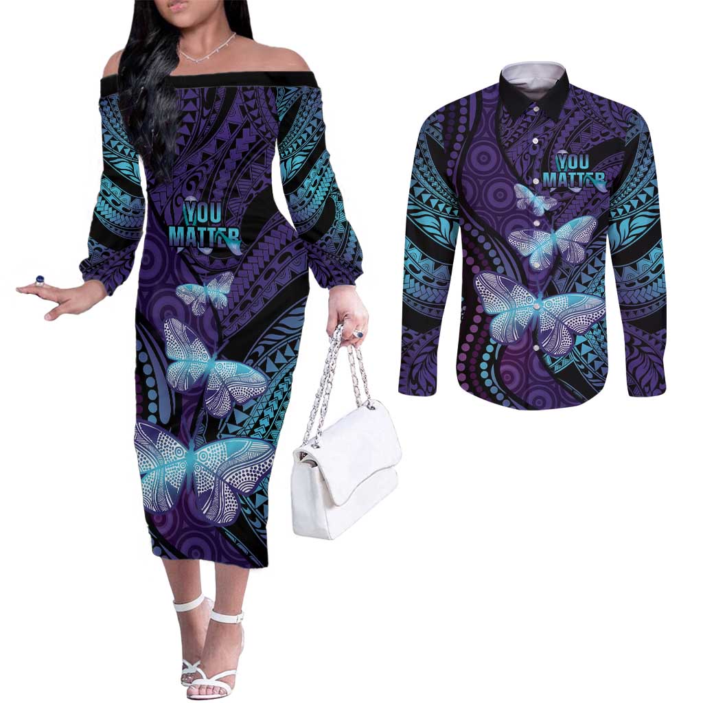 You Matter Suicide Prevention Awareness Couples Matching Off The Shoulder Long Sleeve Dress and Long Sleeve Button Shirt Butterfly Aboriginal Mix Polynesian Pattern