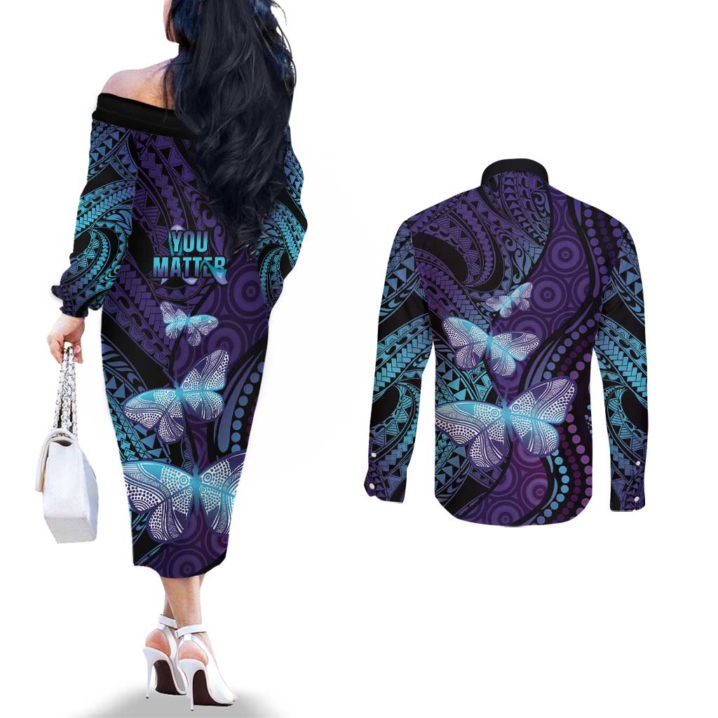 You Matter Suicide Prevention Awareness Couples Matching Off The Shoulder Long Sleeve Dress and Long Sleeve Button Shirt Butterfly Aboriginal Mix Polynesian Pattern