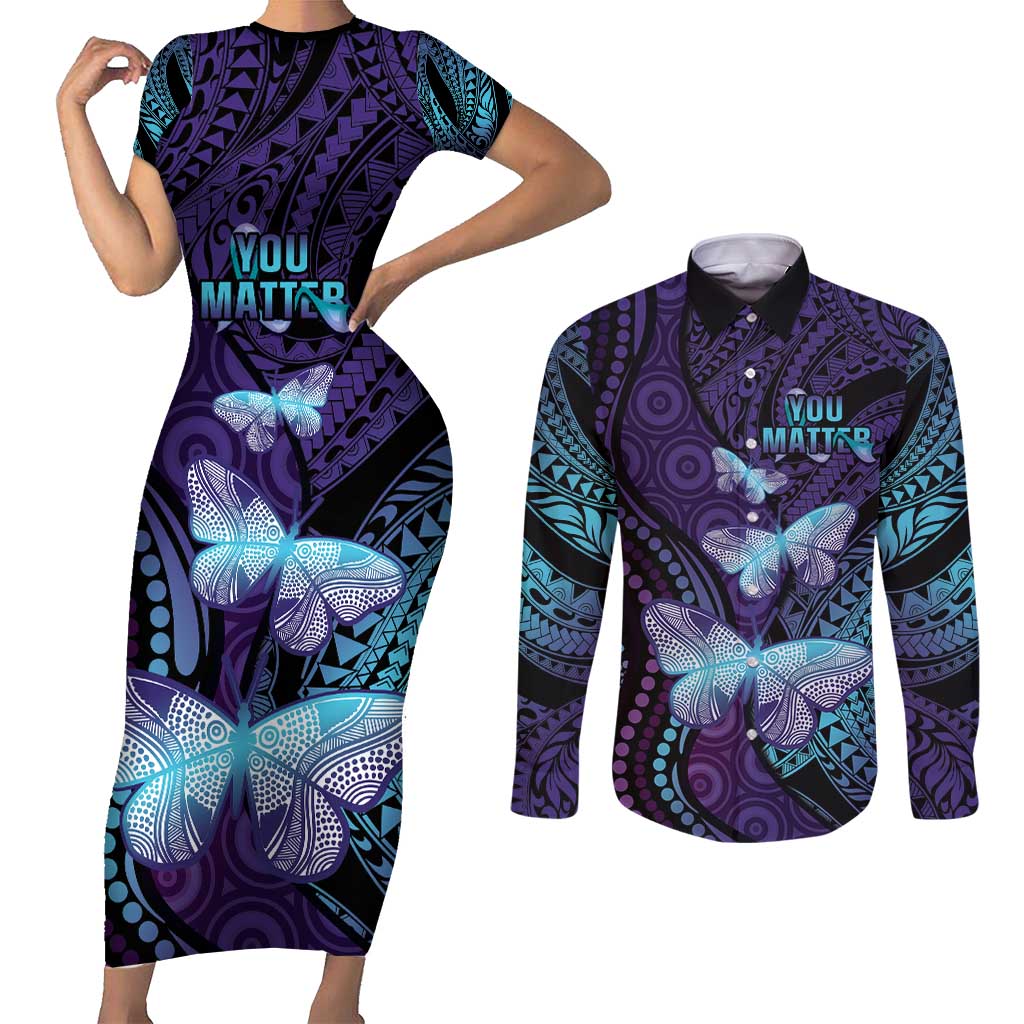 You Matter Suicide Prevention Awareness Couples Matching Short Sleeve Bodycon Dress and Long Sleeve Button Shirt Butterfly Aboriginal Mix Polynesian Pattern