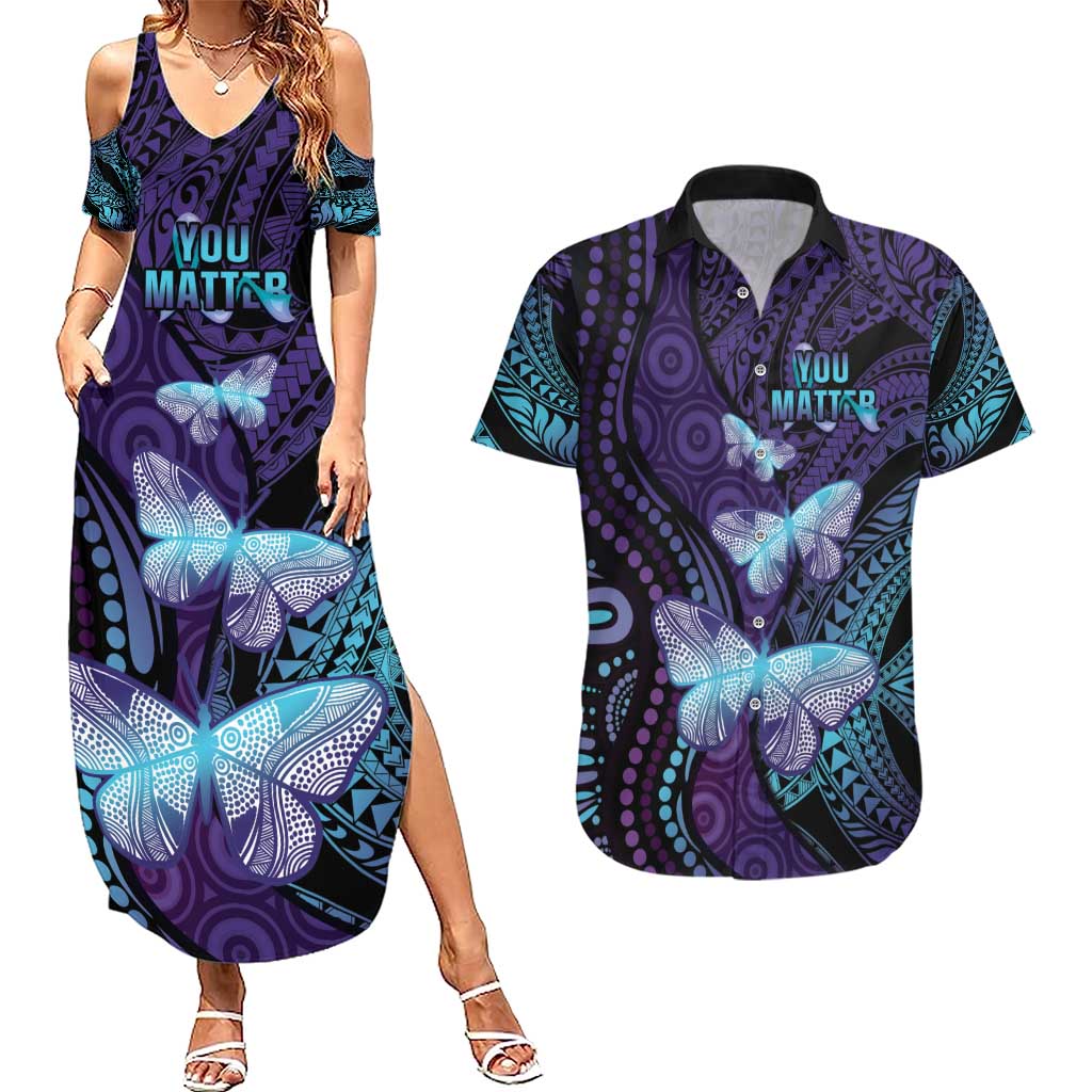 You Matter Suicide Prevention Awareness Couples Matching Summer Maxi Dress and Hawaiian Shirt Butterfly Aboriginal Mix Polynesian Pattern