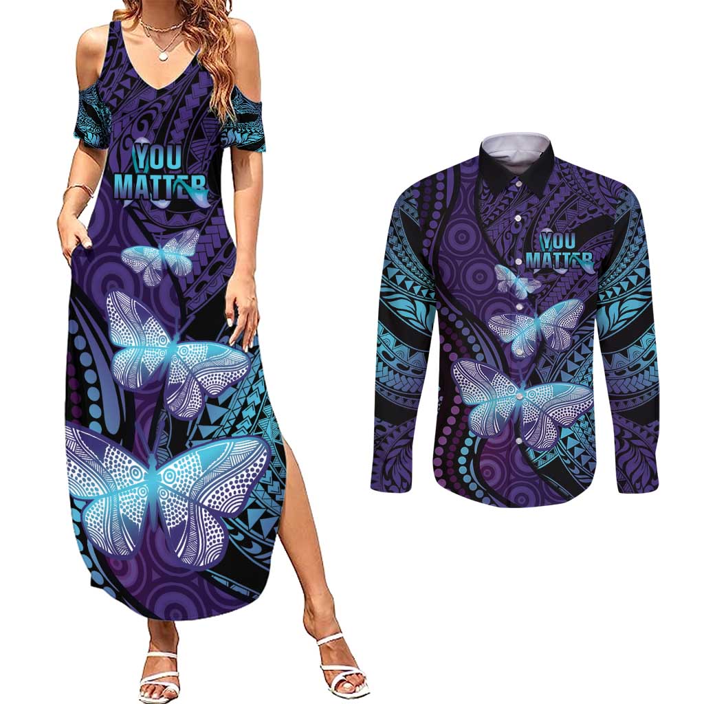 You Matter Suicide Prevention Awareness Couples Matching Summer Maxi Dress and Long Sleeve Button Shirt Butterfly Aboriginal Mix Polynesian Pattern