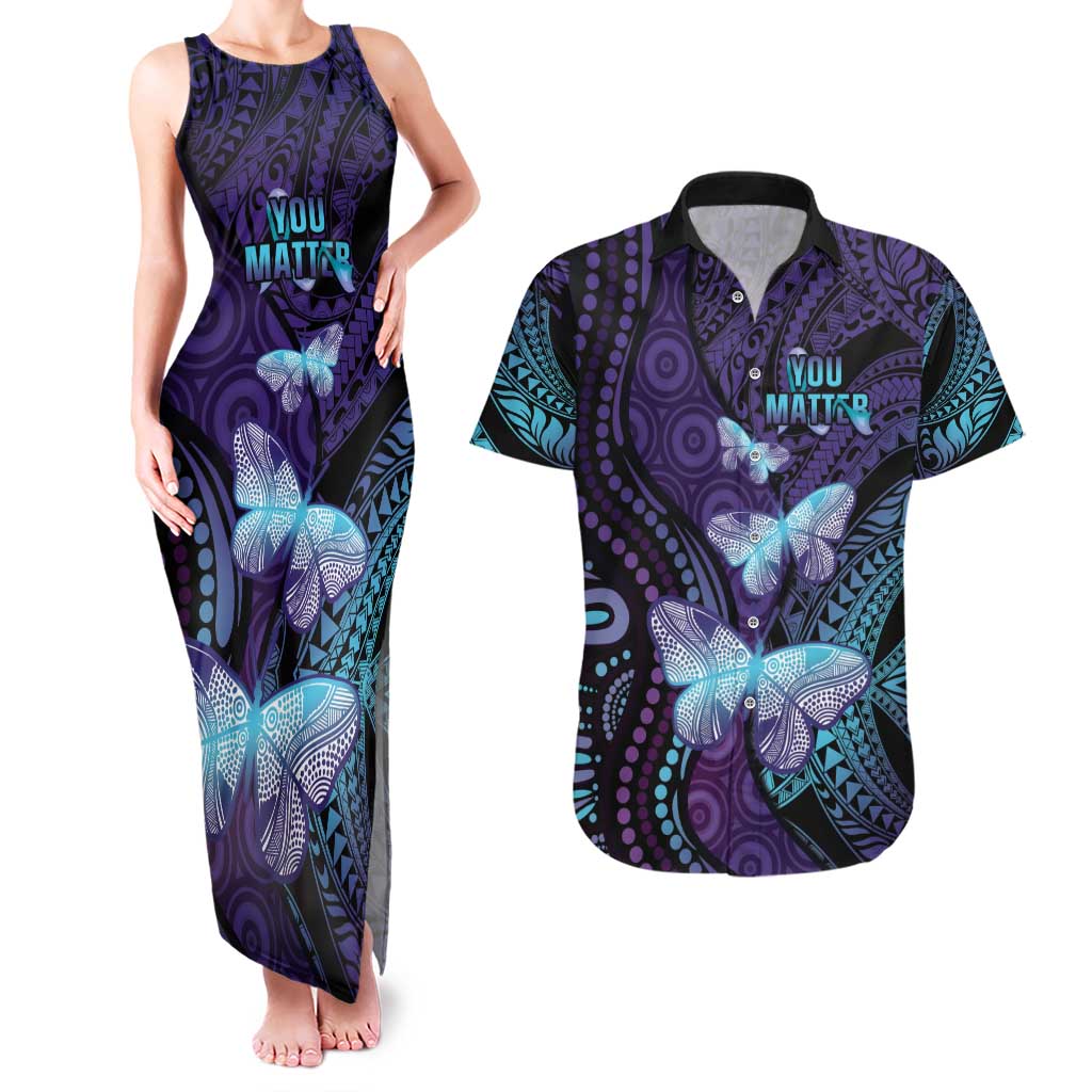 You Matter Suicide Prevention Awareness Couples Matching Tank Maxi Dress and Hawaiian Shirt Butterfly Aboriginal Mix Polynesian Pattern