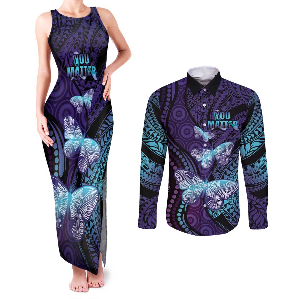 You Matter Suicide Prevention Awareness Couples Matching Tank Maxi Dress and Long Sleeve Button Shirt Butterfly Aboriginal Mix Polynesian Pattern