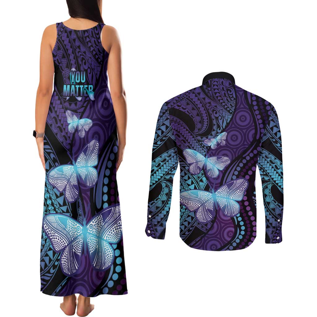 You Matter Suicide Prevention Awareness Couples Matching Tank Maxi Dress and Long Sleeve Button Shirt Butterfly Aboriginal Mix Polynesian Pattern