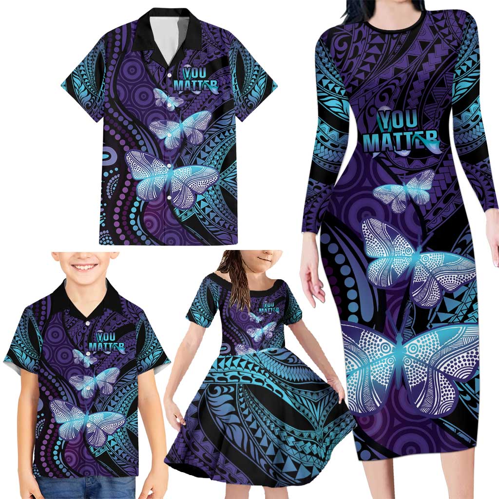 You Matter Suicide Prevention Awareness Family Matching Long Sleeve Bodycon Dress and Hawaiian Shirt Butterfly Aboriginal Mix Polynesian Pattern