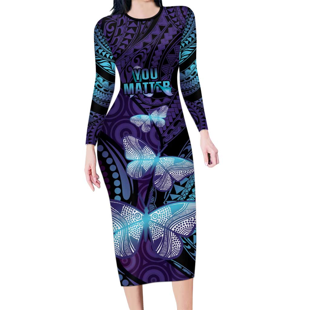 You Matter Suicide Prevention Awareness Family Matching Long Sleeve Bodycon Dress and Hawaiian Shirt Butterfly Aboriginal Mix Polynesian Pattern