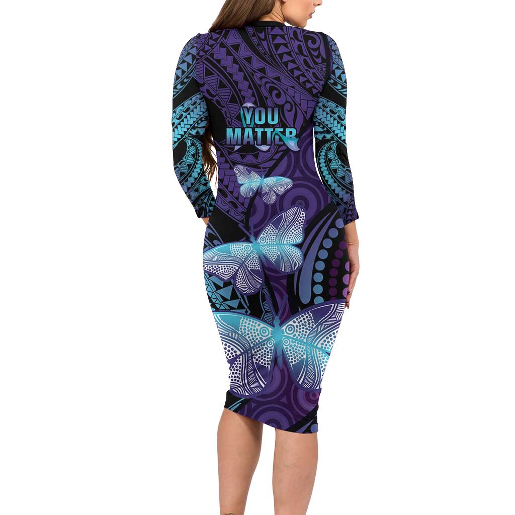 You Matter Suicide Prevention Awareness Family Matching Long Sleeve Bodycon Dress and Hawaiian Shirt Butterfly Aboriginal Mix Polynesian Pattern