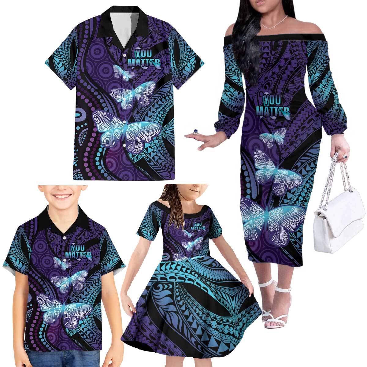 You Matter Suicide Prevention Awareness Family Matching Off The Shoulder Long Sleeve Dress and Hawaiian Shirt Butterfly Aboriginal Mix Polynesian Pattern