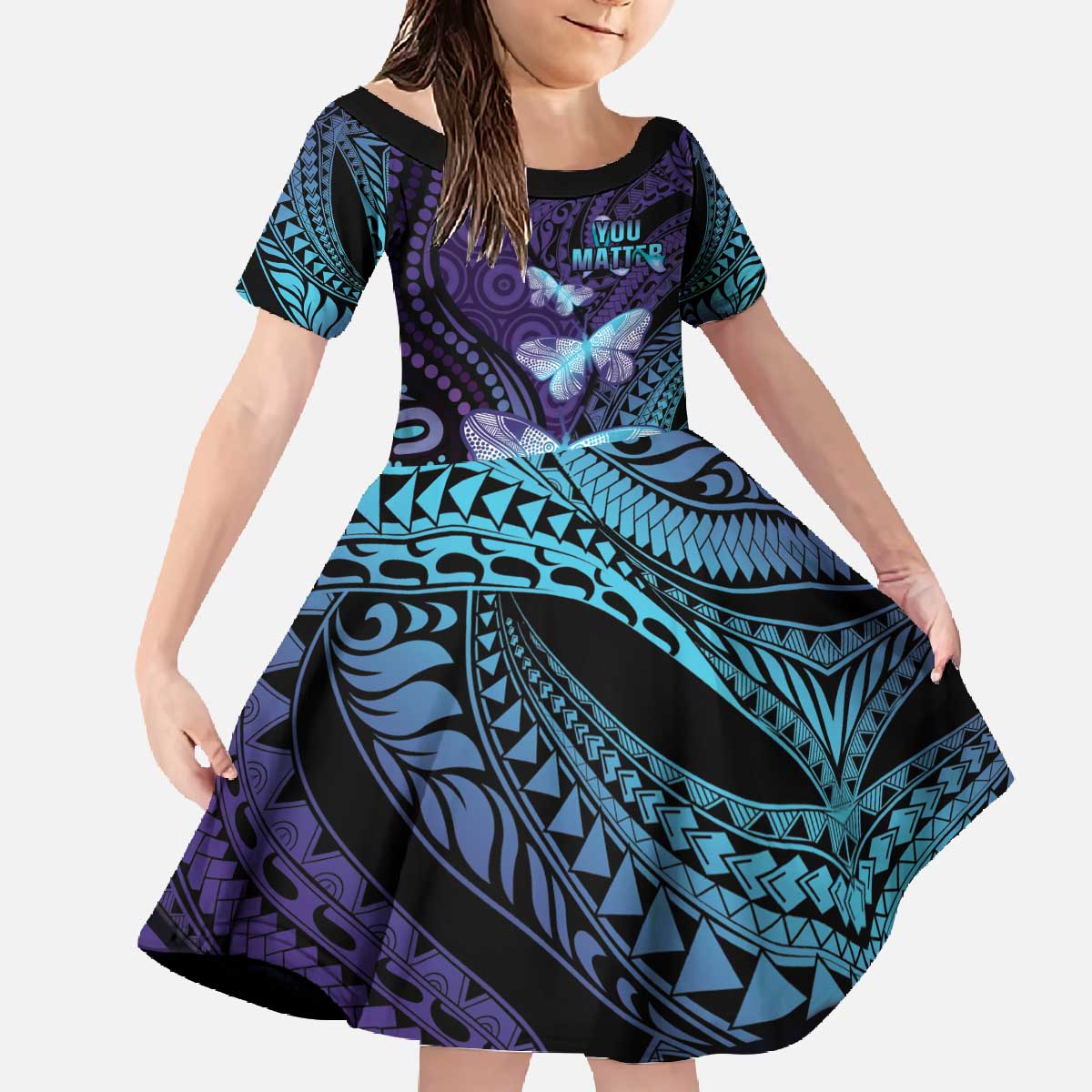 You Matter Suicide Prevention Awareness Family Matching Off The Shoulder Long Sleeve Dress and Hawaiian Shirt Butterfly Aboriginal Mix Polynesian Pattern