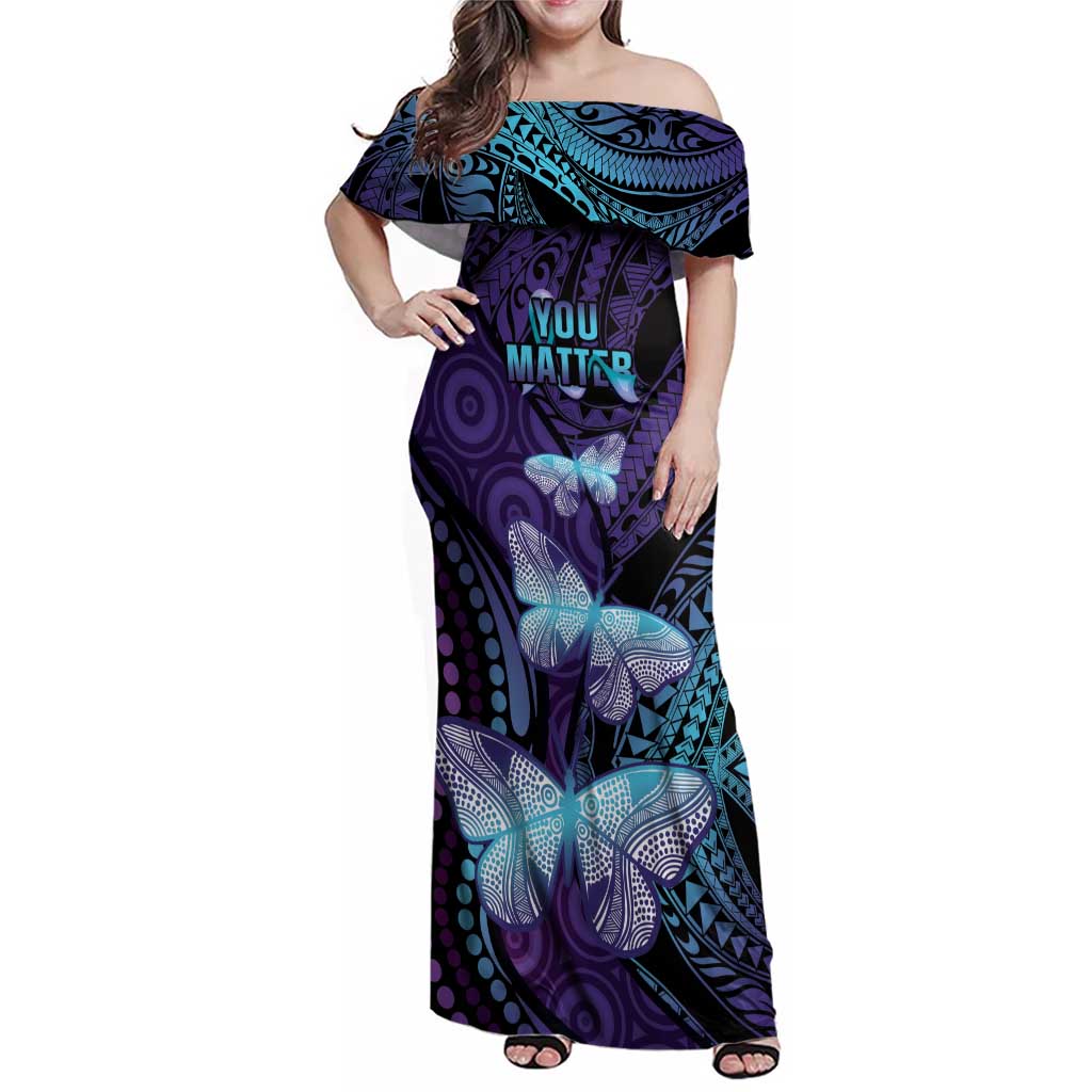 You Matter Suicide Prevention Awareness Family Matching Off Shoulder Maxi Dress and Hawaiian Shirt Butterfly Aboriginal Mix Polynesian Pattern