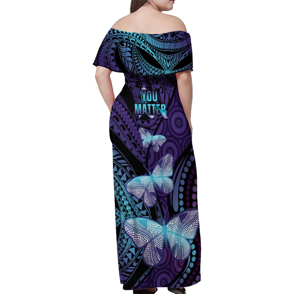 You Matter Suicide Prevention Awareness Family Matching Off Shoulder Maxi Dress and Hawaiian Shirt Butterfly Aboriginal Mix Polynesian Pattern