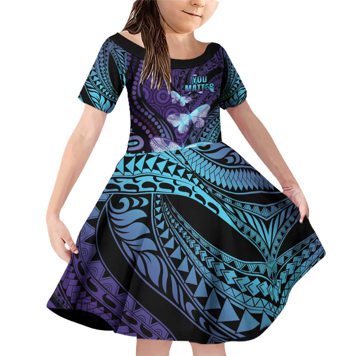 You Matter Suicide Prevention Awareness Family Matching Off Shoulder Short Dress and Hawaiian Shirt Butterfly Aboriginal Mix Polynesian Pattern