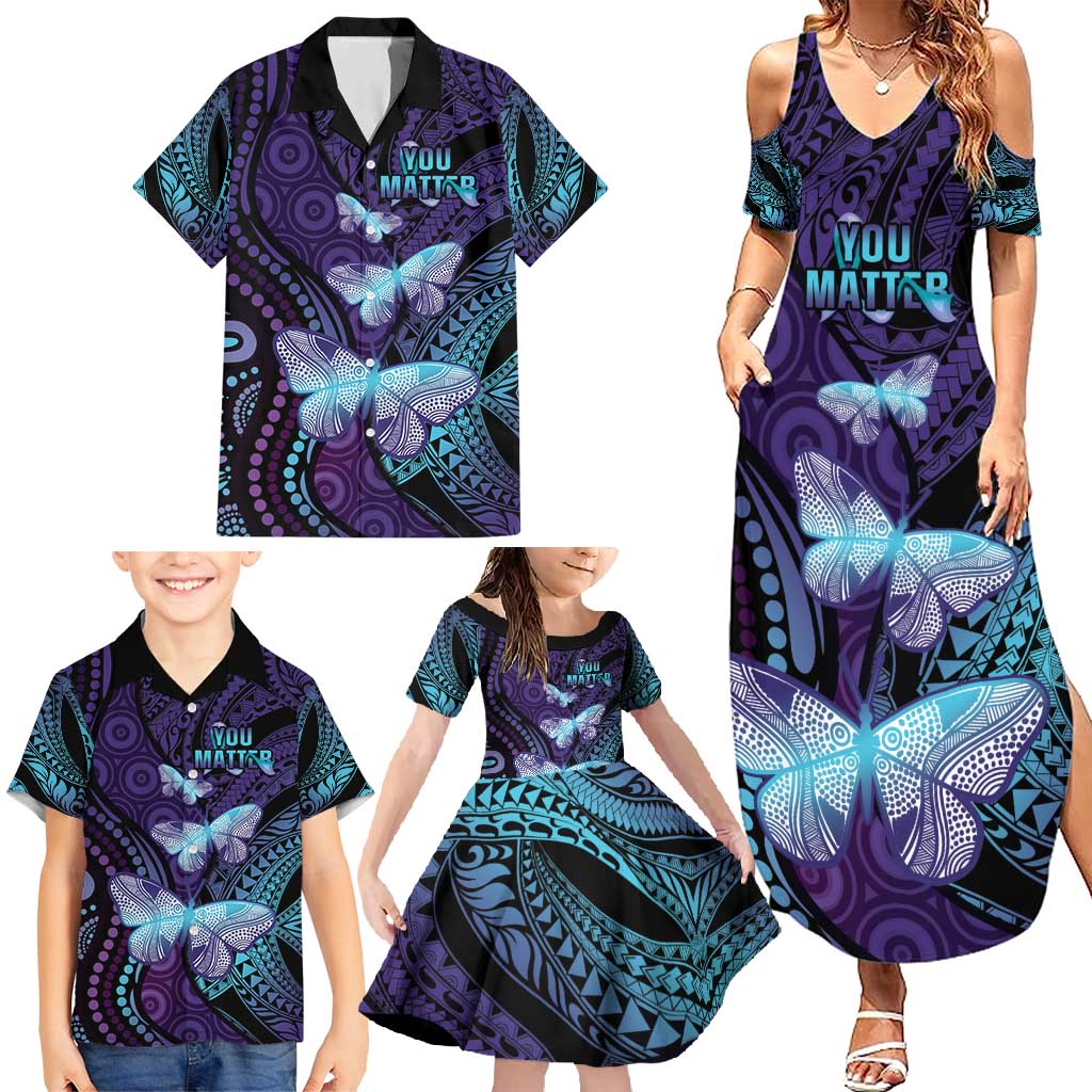 You Matter Suicide Prevention Awareness Family Matching Summer Maxi Dress and Hawaiian Shirt Butterfly Aboriginal Mix Polynesian Pattern