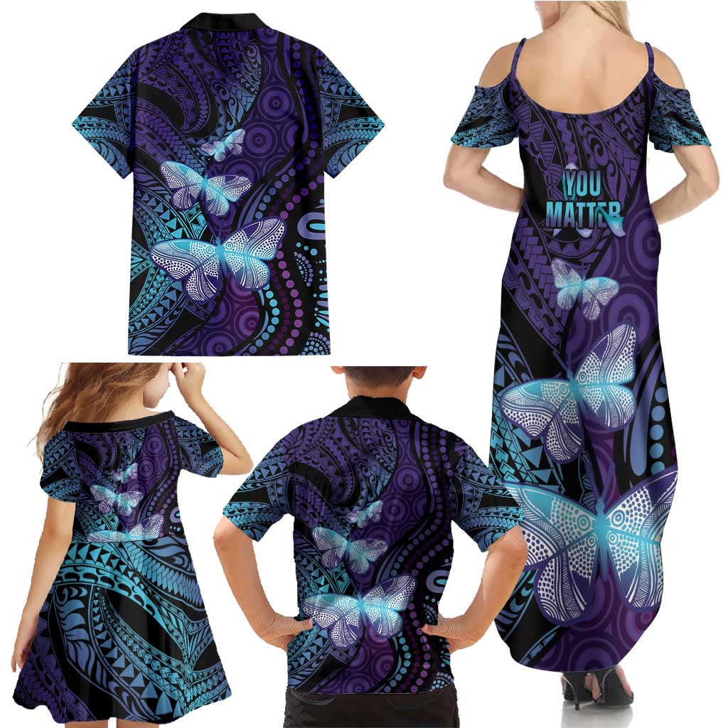 You Matter Suicide Prevention Awareness Family Matching Summer Maxi Dress and Hawaiian Shirt Butterfly Aboriginal Mix Polynesian Pattern