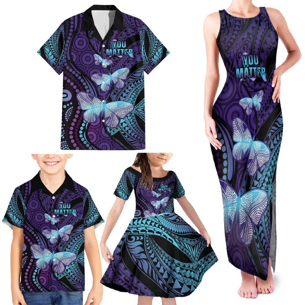 You Matter Suicide Prevention Awareness Family Matching Tank Maxi Dress and Hawaiian Shirt Butterfly Aboriginal Mix Polynesian Pattern