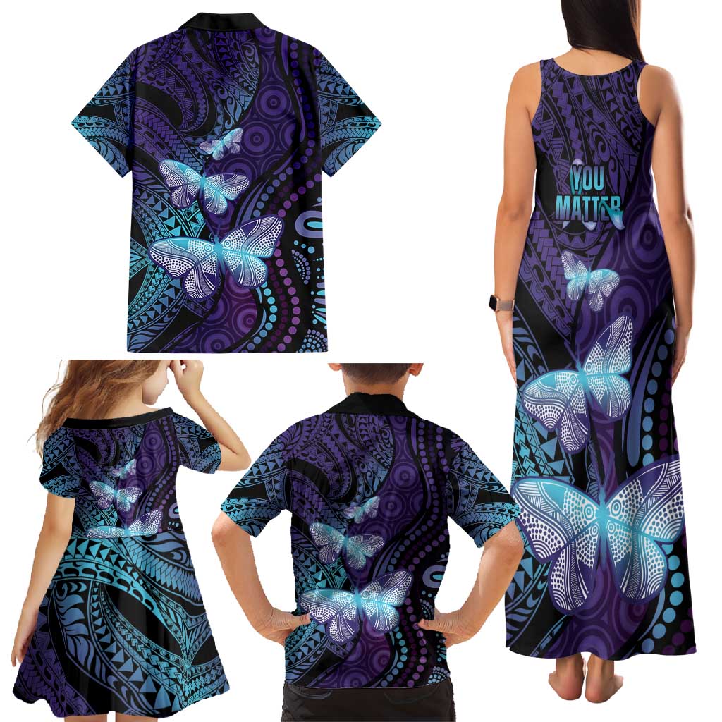 You Matter Suicide Prevention Awareness Family Matching Tank Maxi Dress and Hawaiian Shirt Butterfly Aboriginal Mix Polynesian Pattern