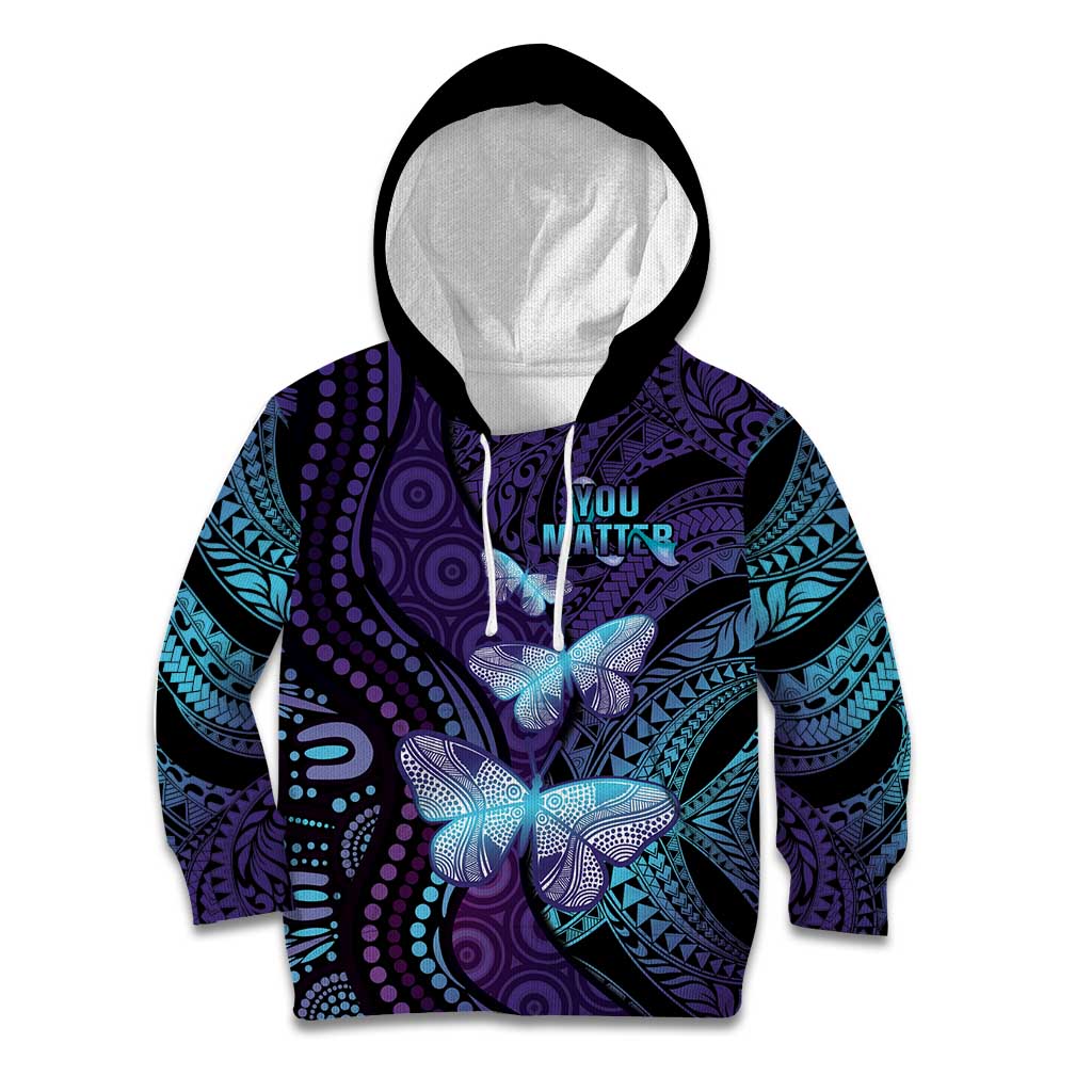 You Matter Suicide Prevention Awareness Kid Hoodie Butterfly Aboriginal Mix Polynesian Pattern